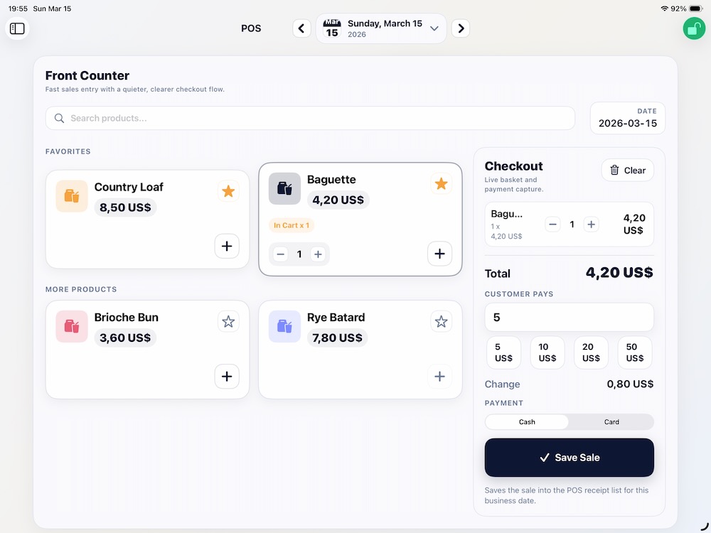 Front Counter POS with favorites, quick add controls, and a checkout panel.