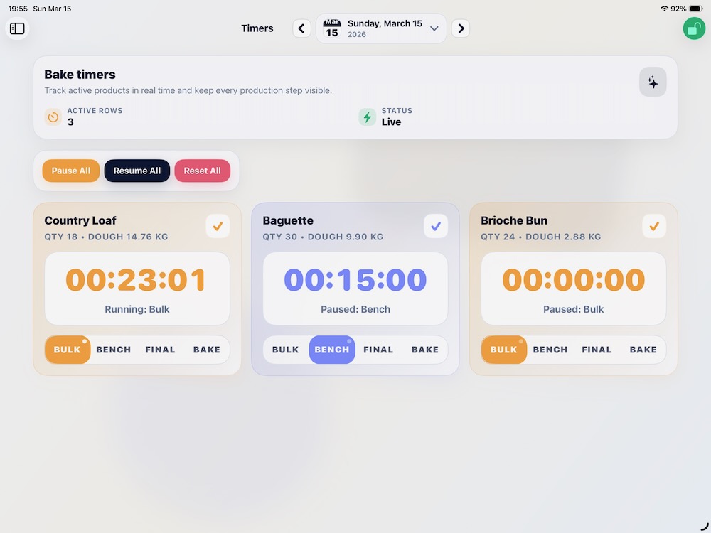 Timers view showing bulk, bench, final, and bake stages for active products.